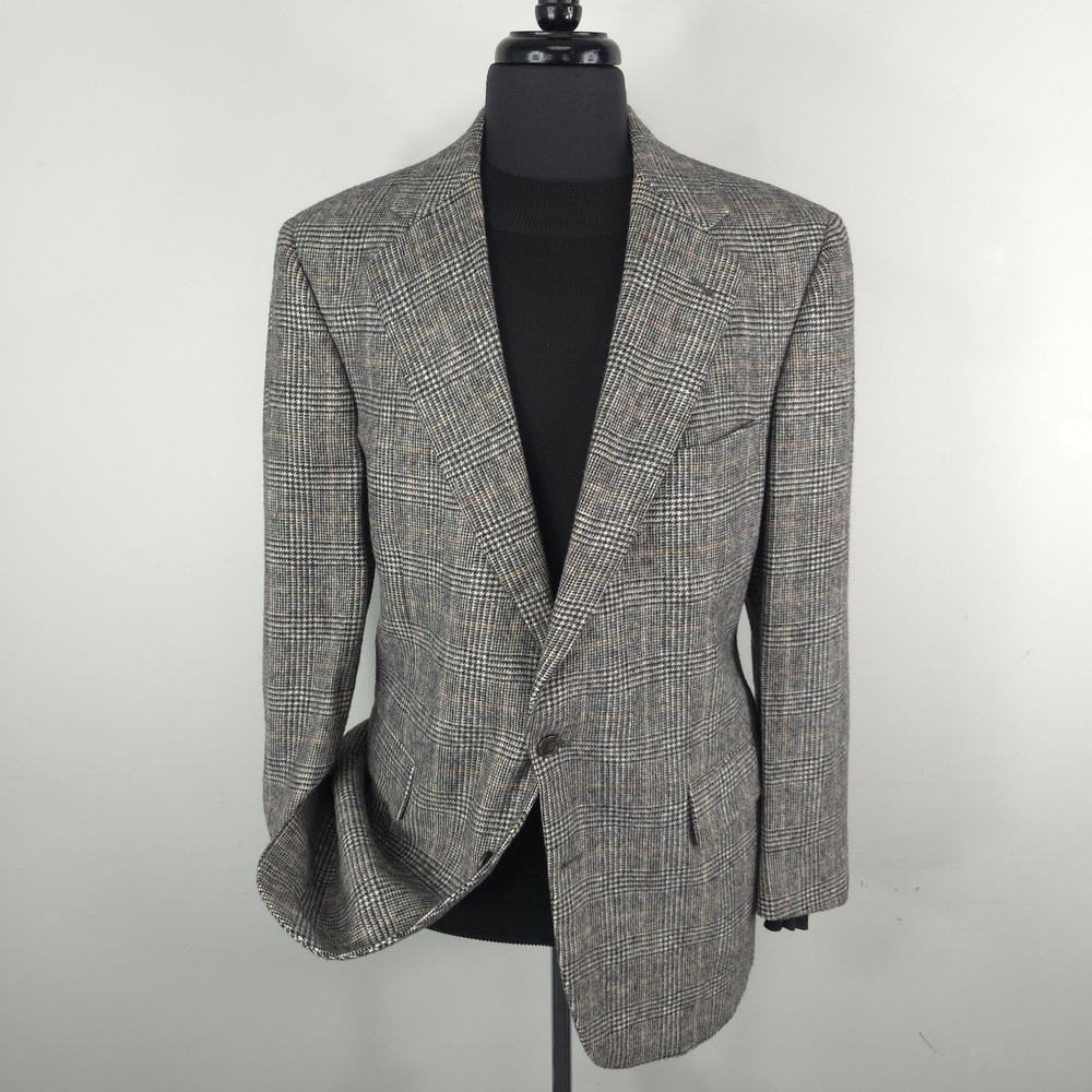 Vintage Jos A Bank‎ Blazer Mens 44R Gray Camel Hair Wool Plaid Sport Coat Jacket